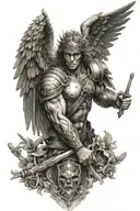  Black and gray realism style tattoo, weaponless warrior archangel, upper part of the forearm tattoo design idea