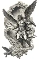  Black and gray realism style tattoo, unarmed warrior archangel, flying upwards tattoo design idea