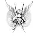 the devils little angel in cursive with a devil and angel tattoo design idea