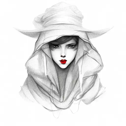 Mysterious Woman with Red Hat covering half her face, red lips tattoo design idea