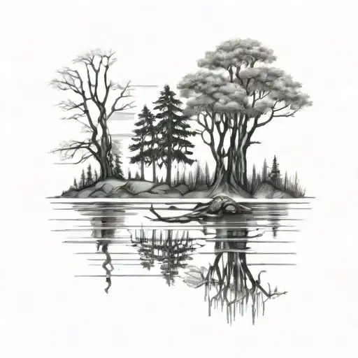lake scene  technology cybernetic trees   tattoo design idea