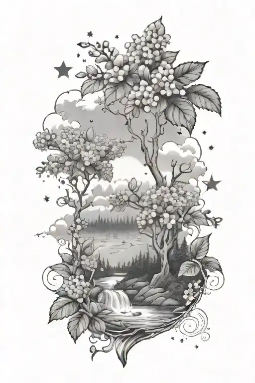 lilacs, strawberries, trees, creek, higher up is the sky with clouds and even higher up is space and stars tattoo design idea