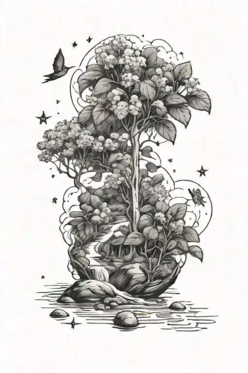 lilacs, strawberries, trees, creek, higher up is the sky with clouds and even higher up is space and stars tattoo design idea