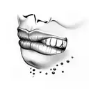lips with japanese text on the bottom lip and a joint on the side tattoo design idea