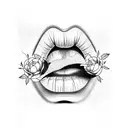 lips with japanese text on the bottom lip and a joint on the side tattoo design idea