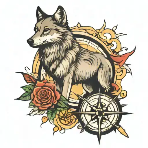 wolf and compass rose tattoo design idea