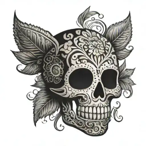 A stylized Mexican sugar skull with intricate dotwork detailing tattoo design idea