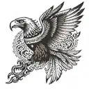 A majestic eagle carrying the Mexican flag in its talons, in a blackwork style tattoo design idea