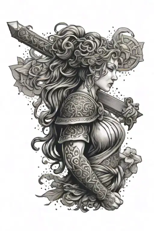 An intricate design featuring a Greek god or goddess wielding a medieval Japanese weapon tattoo design idea