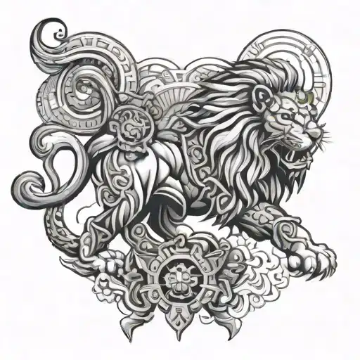 A tattoo design of a powerful lion in a samurai armor, representing strength and courage, with elements of Indian mythology incorporated in the background tattoo design idea