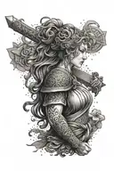 An intricate design featuring a Greek god or goddess wielding a medieval Japanese weapon tattoo design idea