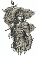 An intricate design featuring a Greek god or goddess wielding a medieval Japanese weapon tattoo design idea