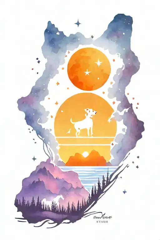 mountains, beach, sunset, sky filled with stars, dog, hunt, ham radio, wine tattoo design idea