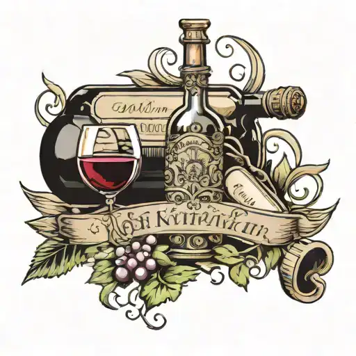An intricate tattoo design of a wine bottle and glass with a Ph.D. diploma scroll intertwined, representing your passion for wine and academic achievements tattoo design idea