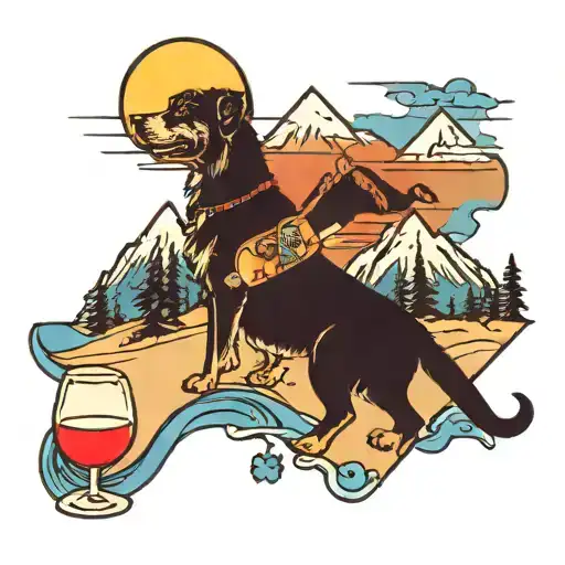 mountains, blue sky, beach, sun, dog, wine, ski,  tattoo design idea