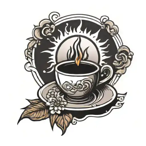 sun and coffee cup and "Goodmorning" minimal style tattoo design idea