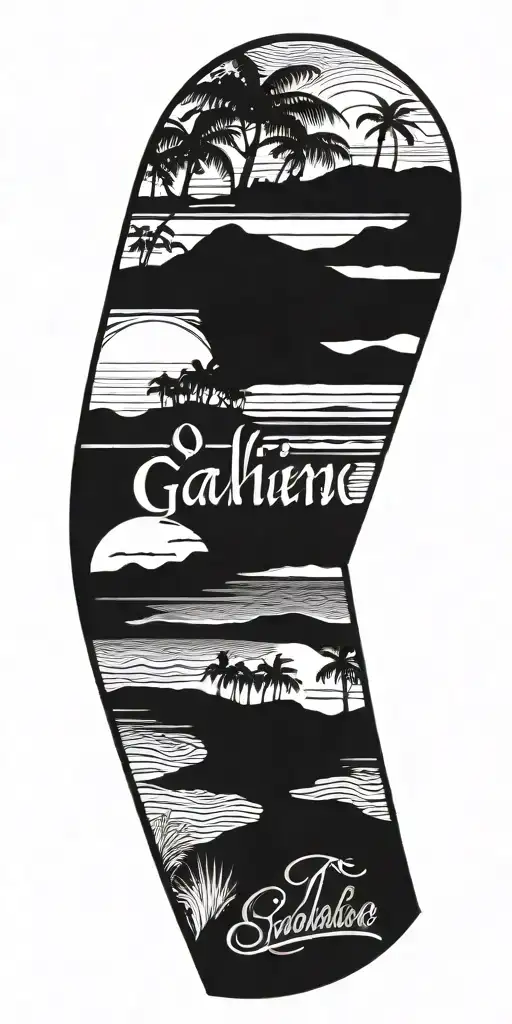 A daughter's name in Gaelic script with a beach scene in the background tattoo design idea