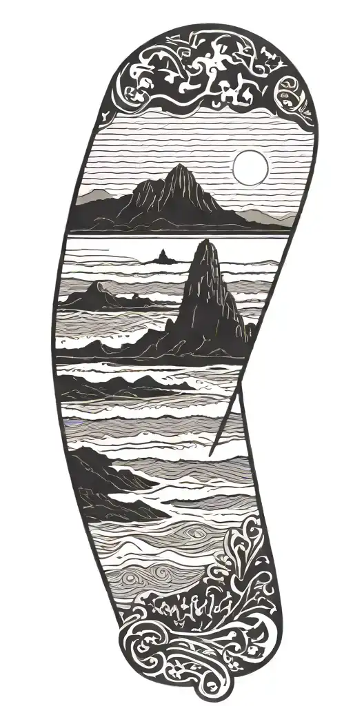 A daughter's name in Gaelic script with a beach scene in the background tattoo design idea