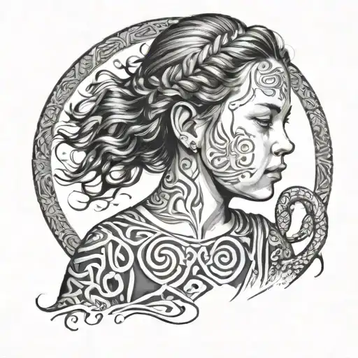 A portrait of the client's daughter playing on the beach with a Celtic knotwork border tattoo design idea