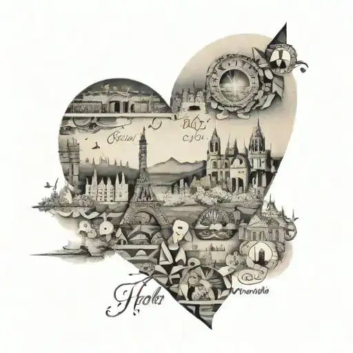 A collage of iconic landmarks from around the world forming a heart shape, with a banner that reads 'For My Daughter' in Gaelic script, representing the client's love for both traveling and his daughter tattoo design idea