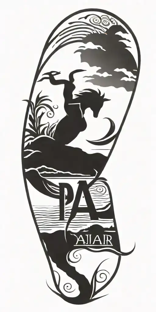 A daughter's name in Gaelic script with a beach scene in the background tattoo design idea