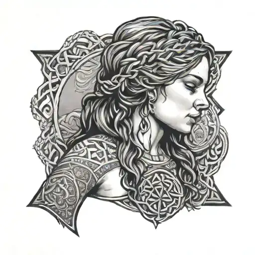 A portrait of the client's daughter playing on the beach with a Celtic knotwork border tattoo design idea
