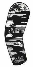 A daughter's name in Gaelic script with a beach scene in the background tattoo design idea