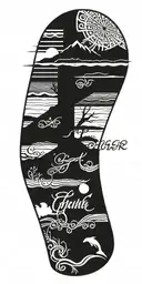 A daughter's name in Gaelic script with a beach scene in the background tattoo design idea