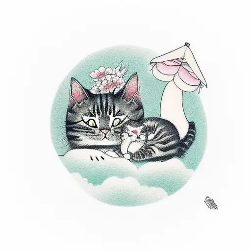 A dreamy scene of a cat and a baby girl sleeping peacefully together, capturing a moment of innocence and tranquility tattoo design idea