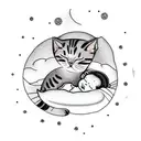 A dreamy scene of a cat and a baby girl sleeping peacefully together, capturing a moment of innocence and tranquility tattoo design idea