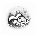 A dreamy scene of a cat and a baby girl sleeping peacefully together, capturing a moment of innocence and tranquility tattoo design idea