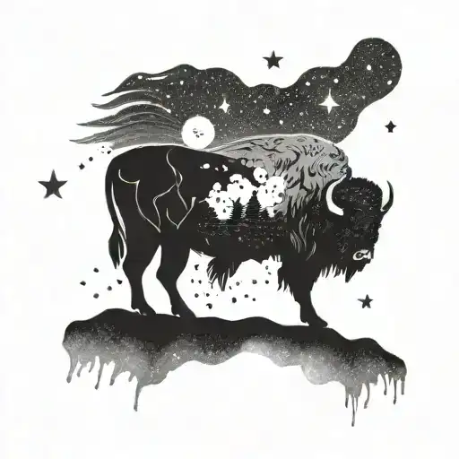 A blackwork tattoo of a Bison silhouette against a starry night sky with the Milky Way overhead tattoo design idea
