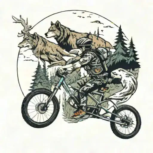 A cyclist riding through a forest filled with animals like wolves, bears, and deer, with a camera hanging from their handlebars tattoo design idea