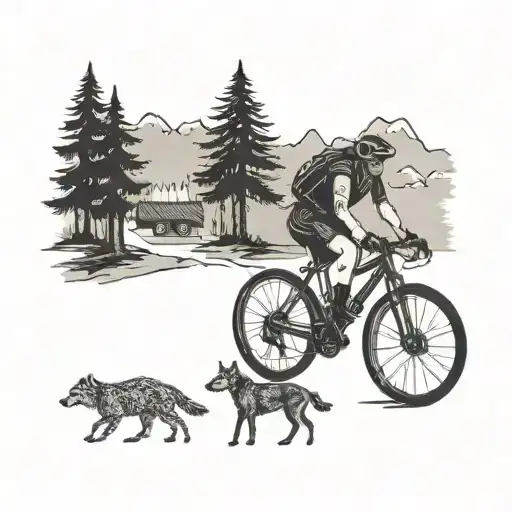 A cyclist riding through a forest filled with animals like wolves, bears, and deer, with a camera hanging from their handlebars tattoo design idea