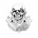 sketch of a tattoo on the entire forearm.  with an image of a realistic skull on top, under which there is a guillotine  tattoo design idea