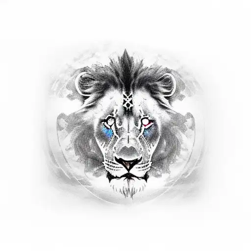 arm sleeve, at the top a hill in the distance with crosses on it then a adult black and white lion with blue eyes under  tattoo design idea