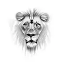 arm sleeve, at the top a hill in the distance with crosses on it then a adult black and white lion with blue eyes under  tattoo design idea