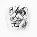 arm sleeve, at the top a hill in the distance with crosses on it then a adult black and white lion with blue eyes under  tattoo design idea