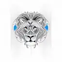 arm sleeve, at the top a hill in the distance with crosses on it then a adult black and white lion with blue eyes under  tattoo design idea