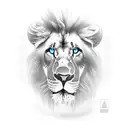 arm sleeve, at the top a hill in the distance with crosses on it then a adult black and white lion with blue eyes under  tattoo design idea