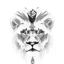 arm sleeve, at the top a hill in the distance with crosses on it then a adult black and white lion with blue eyes under  tattoo design idea