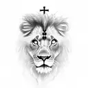 arm sleeve, at the top a hill in the distance with crosses on it then a adult black and white lion with blue eyes under  tattoo design idea