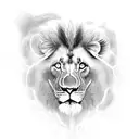 arm sleeve, at the top a hill in the distance with crosses on it then a adult black and white lion with blue eyes under  tattoo design idea