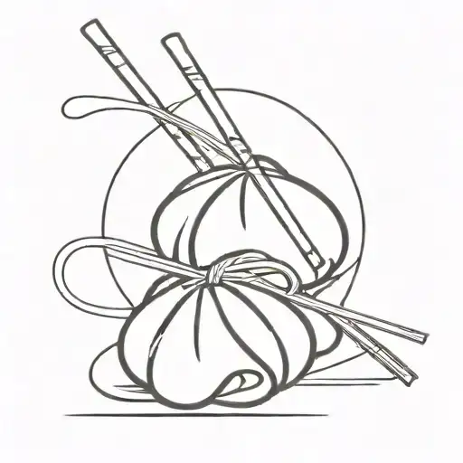 A minimalist tattoo design of a heart-shaped dumpling wrapped in chopsticks, symbolizing your love for both food and family tattoo design idea