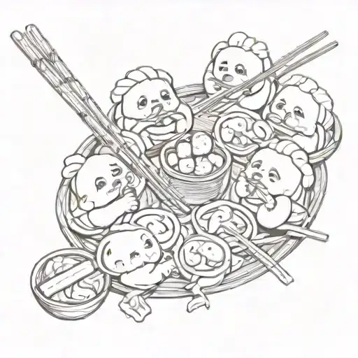 A tattoo design featuring a family of dumplings enjoying a meal together using chopsticks tattoo design idea