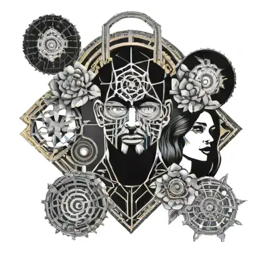 man with responsibility symbol incorporated with flowers and eyes of two women in the middle at which he looks at tattoo design idea