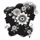 man with responsibility symbol incorporated with flowers and eyes of two women in the middle at which he looks at tattoo design idea