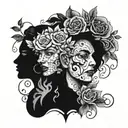 man with responsibility symbol incorporated with flowers and eyes of two women in the middle at which he looks at tattoo design idea