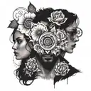 man with responsibility symbol incorporated with flowers and eyes of two women in the middle at which he looks at tattoo design idea