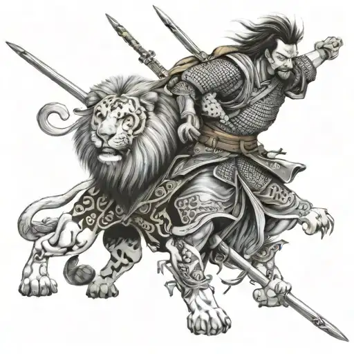 japanese samurai with sword behind a lion roaring tattoo design idea